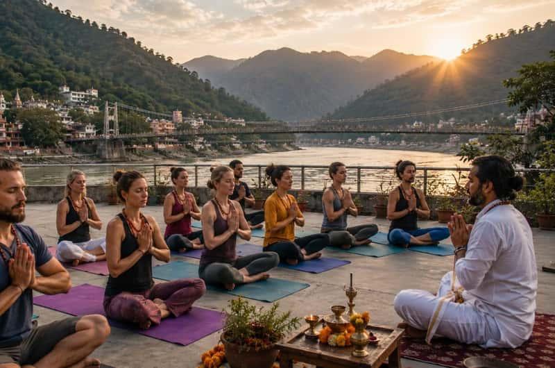 Praktyka jogi w Rishikesh nad Gangesem, u podnóża Himalajów